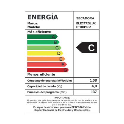 Secadora Electrolux ETDHP-8SZ Onix 8 Kg.