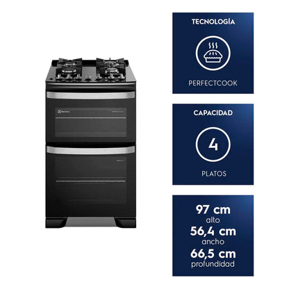 Cocina a Gas 4 Platos F4EDB Doble Horno Negra
