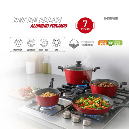 Batería de cocina Aluminio Forjado 7pzas Rojo Mate TH-MB07RN