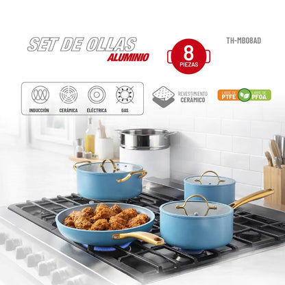 Batería de cocina Aluminio 8pzas Azul Claro TH-MB08AD